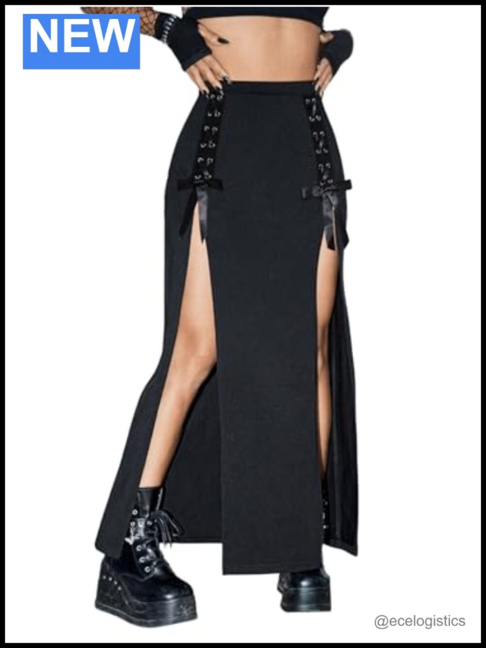 High Waist Buckle Split Maxi Skirt Punk Elastic Waist Women's